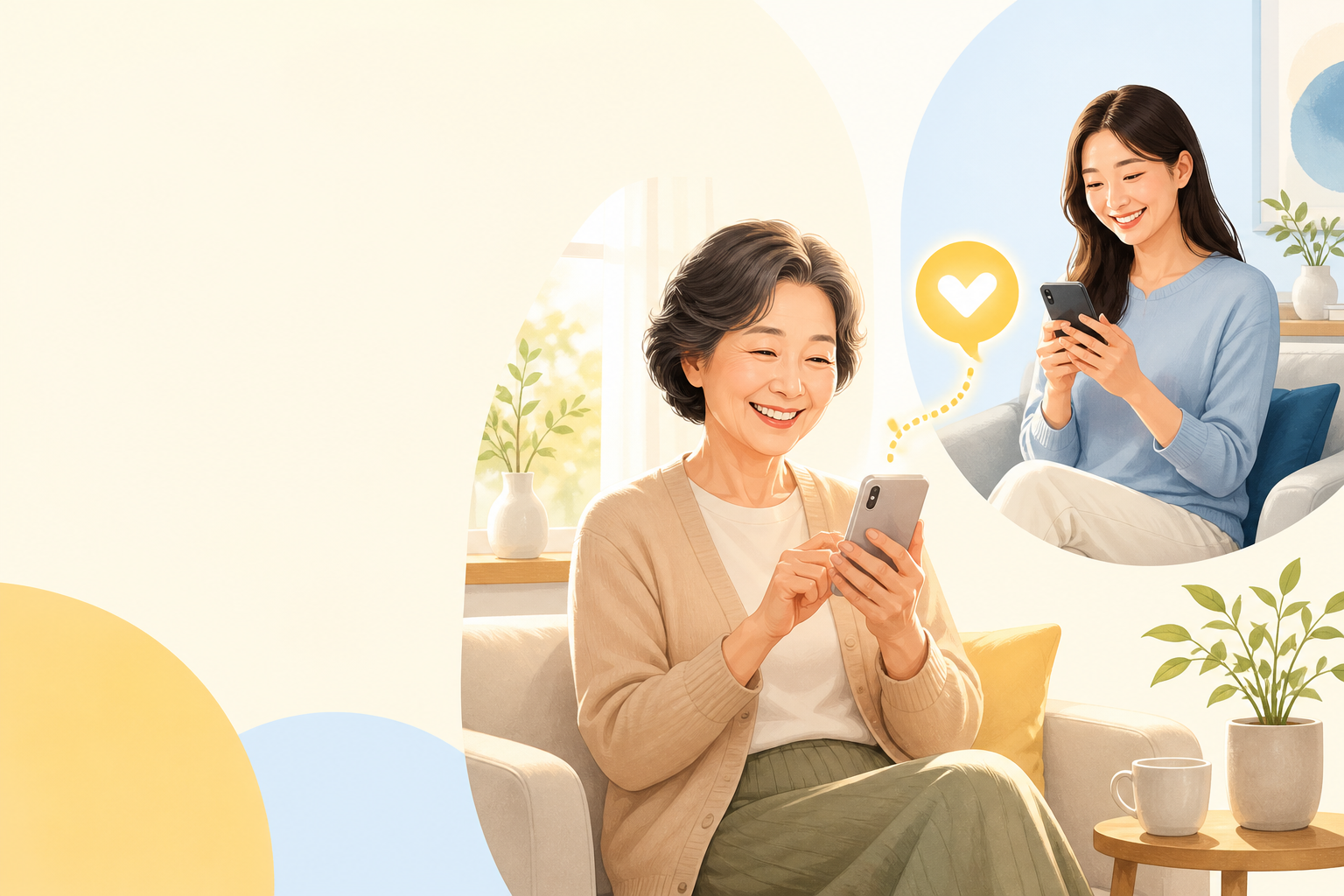 스마트폰으로 서로의 안부를 확인하는 어머니와 딸